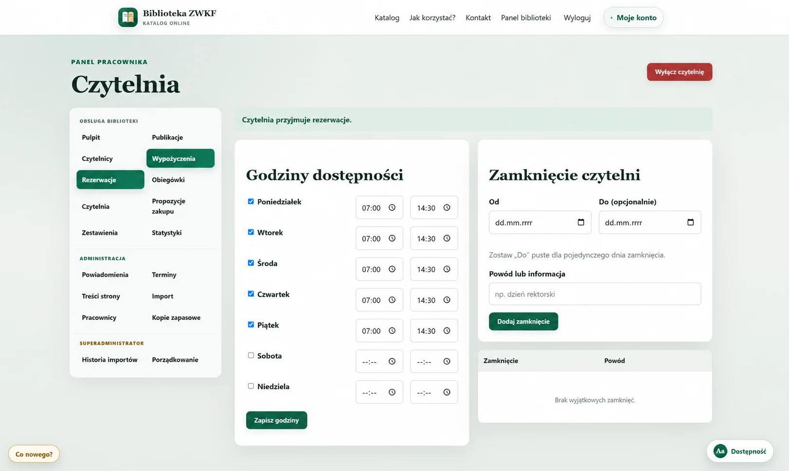 Zarządzanie dostępnością czytelni w panelu biblioteki