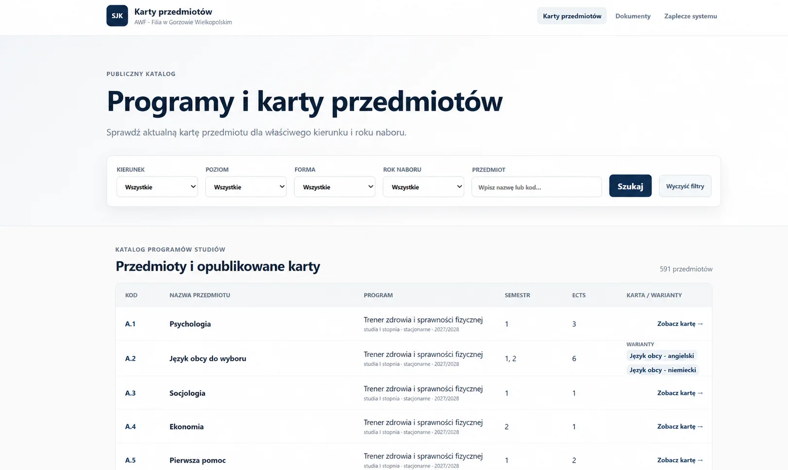 Publiczny katalog programów i kart przedmiotów w Portalu jakości