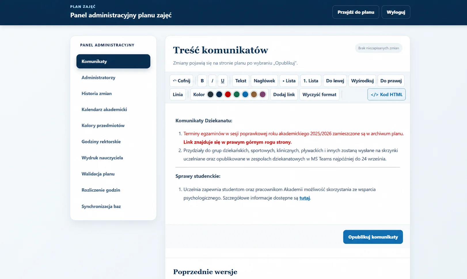 Edycja komunikatów w panelu administracyjnym planu zajęć
