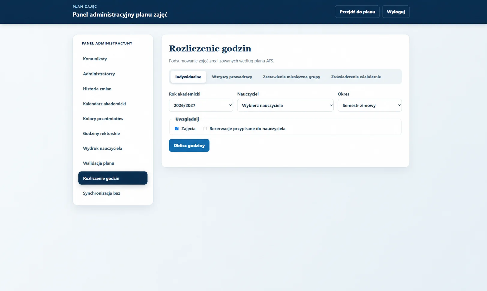 Rozliczanie godzin dydaktycznych w panelu planu zajęć
